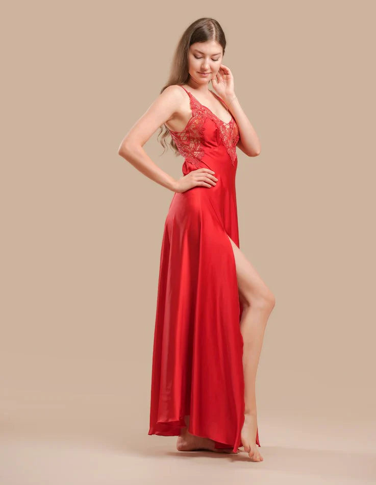 Long Night Dress Satin &amp; Lace - Red