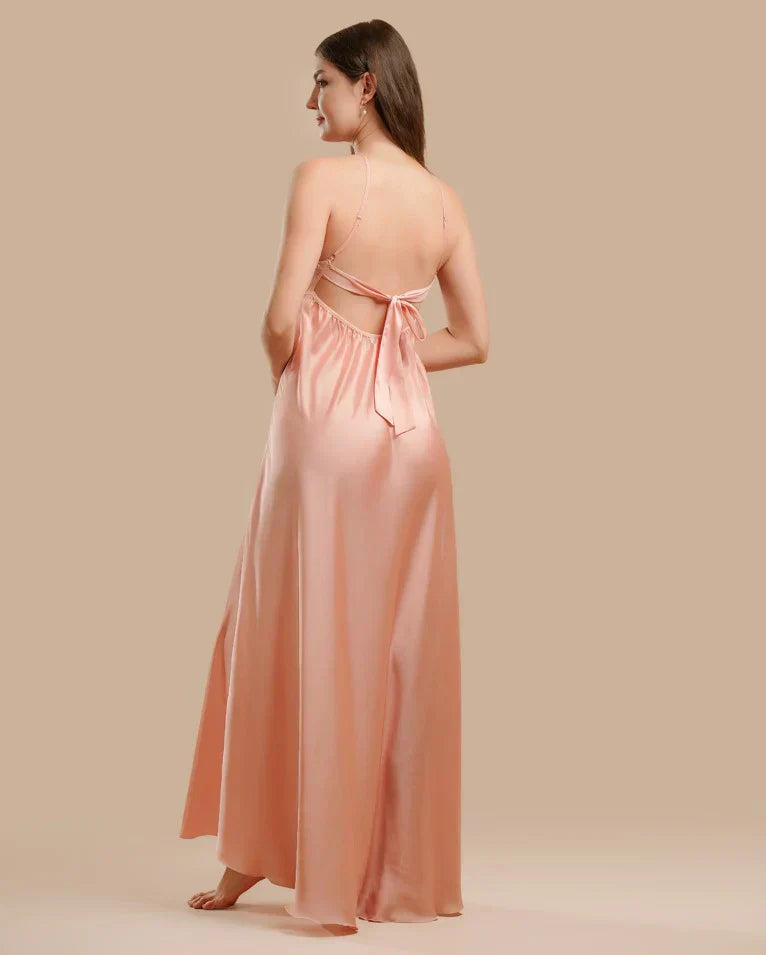 Long Night Dress Satin &amp; Lace - Pink