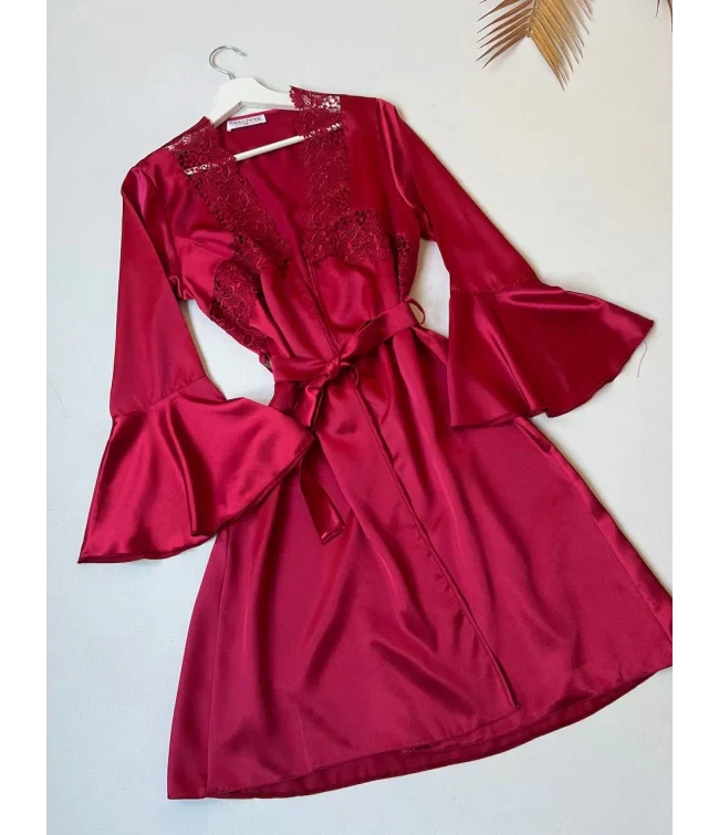 4Pcs Silk Turkish Guipure Detail Nighty Set Maroon