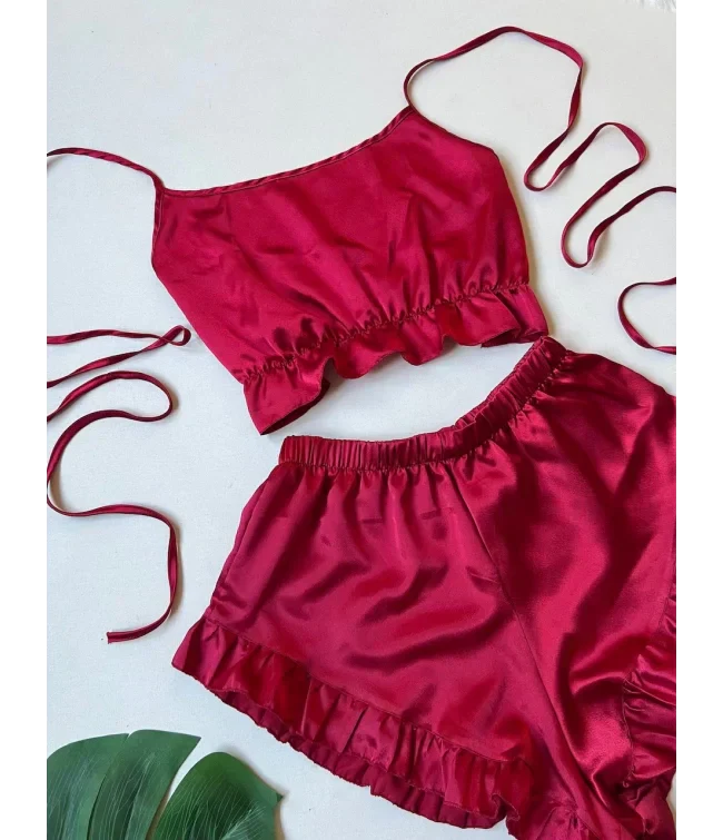 4Pcs Silk Turkish Guipure Detail Nighty Set Maroon