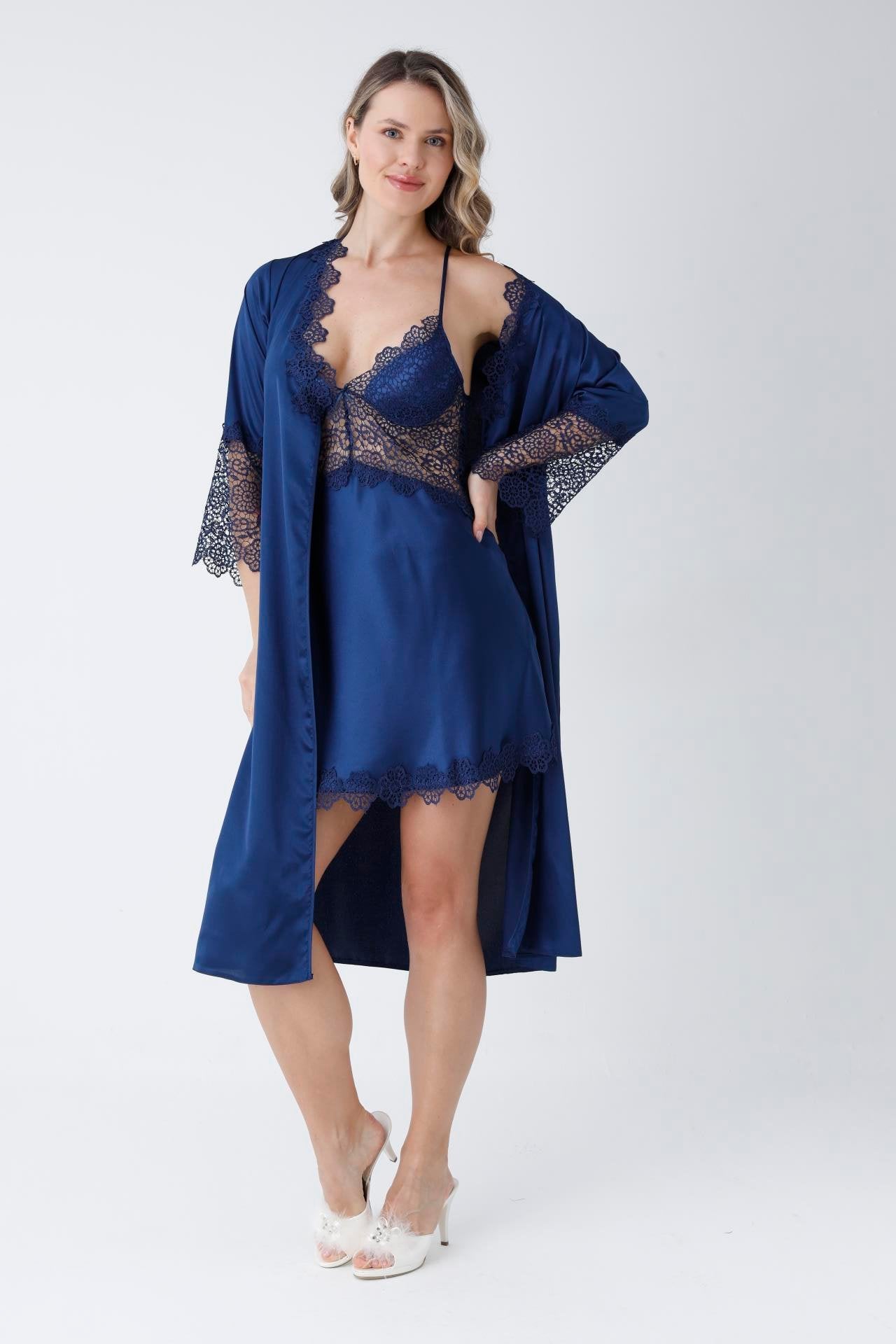 Satin Navy Blue Nightgown Set