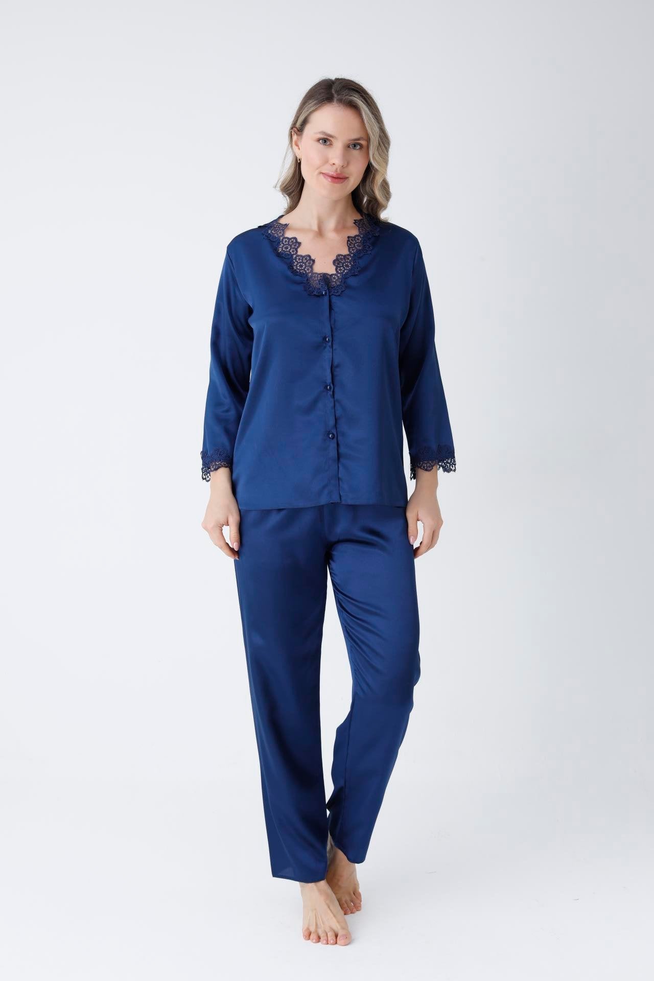 Satin Navy Blue Nightgown Set